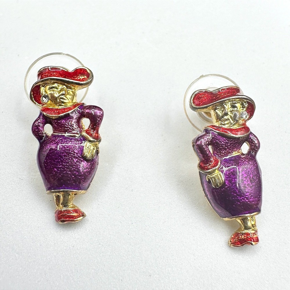 Vintage Enamel Lady Figure Earrings Women‎ Purple Red Gold Tone Cute Retro Studs